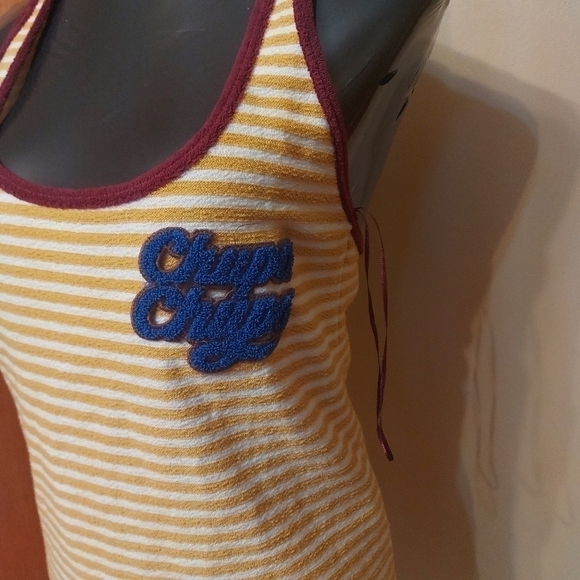 Y2K ZARA Tank Top Yellow Striped Sleeveless Halter Back with Chupa Chups Patch - Picture 2 of 6